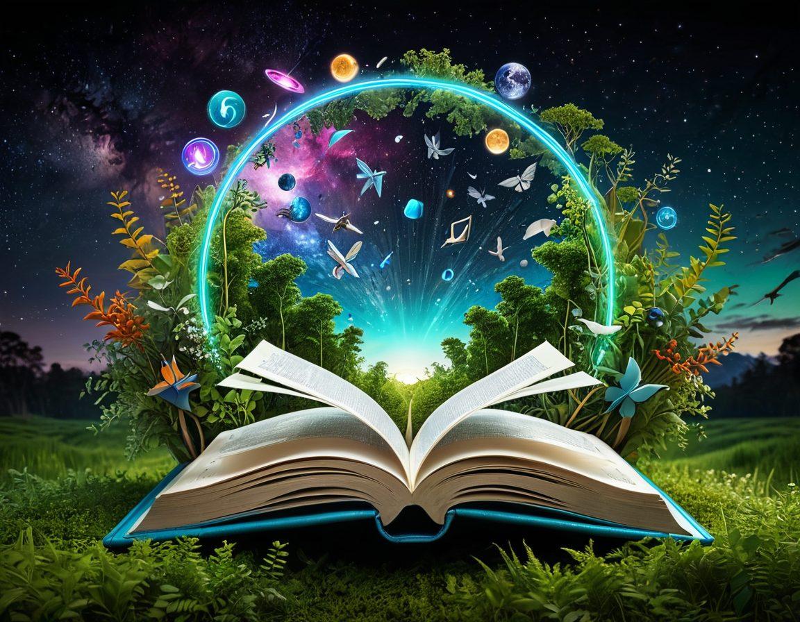 A captivating open book surrounded by a swirling galaxy of digital knowledge icons, like free e-books, tutorials, and creative tools, radiating a sense of discovery and exploration. The background features a vibrant and surreal landscape blending nature and technology, representing the fusion of free resources and creativity. super-realistic. vibrant colors. 3D.