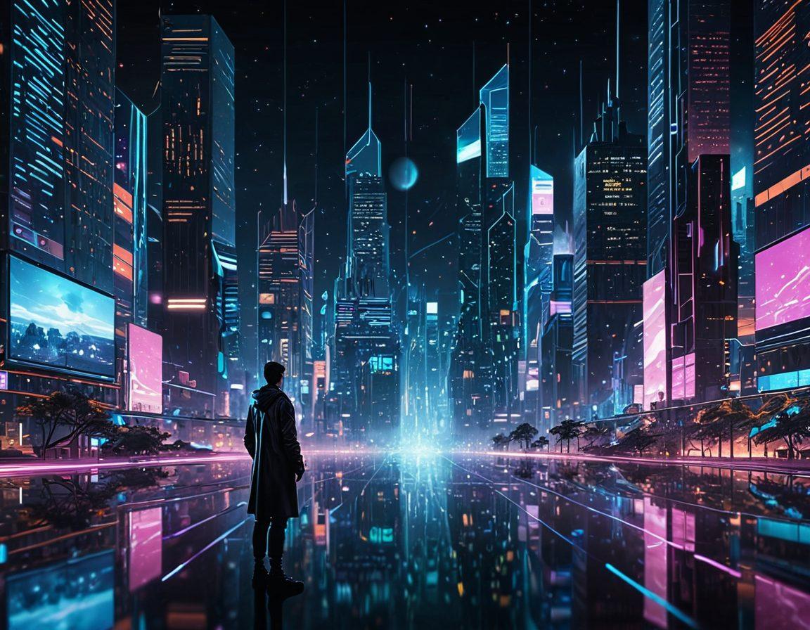 A futuristic digital landscape with a user standing at the forefront, navigating through a vast array of glowing data streams and floating icons symbolizing information tools. In the backdrop, skyscrapers with pixelated screens showcasing various unrestricted knowledge sources, under a starry sky filled with binary code stars. The scene should evoke a sense of exploration and discovery in the digital realm. vibrant colors. cyberpunk. 3D.